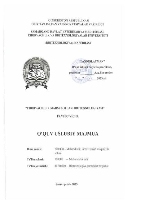 CHORVACHILIK MAHSULOTLARI BIOTEXNOLOGIYASI