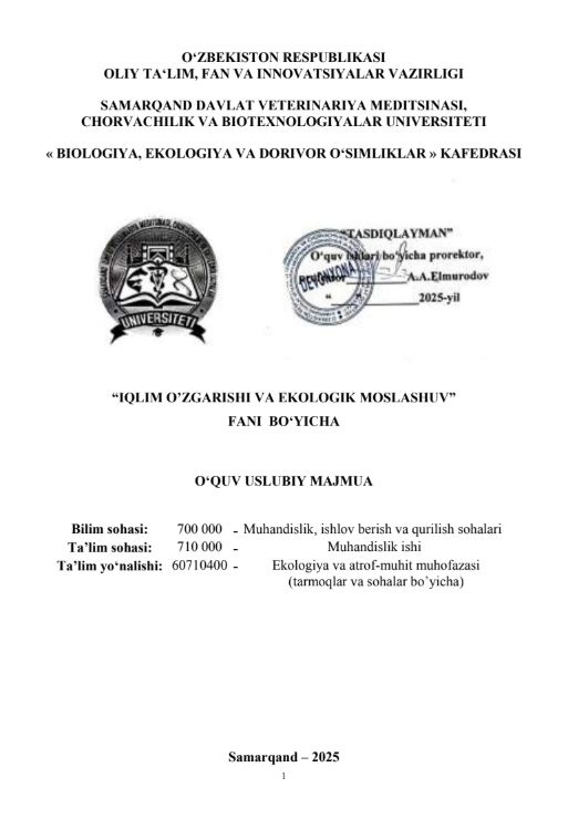 IQLIM O’ZGARISHI VA EKOLOGIK MOSLASHUV