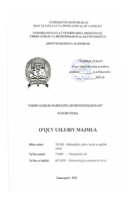 CHORVACHILIK MAHSULOTLARI BIOTEXNOLOGIYASI