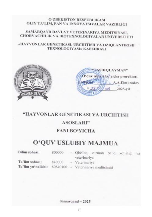HAYVONLAR GENETIKASI VA URCHITISH ASOSLARI
