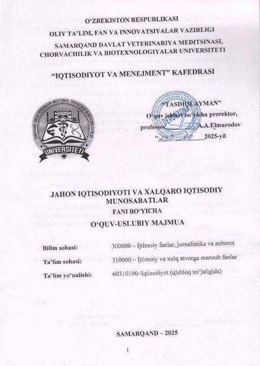 JAHON IQTISODIYOTI VA XALQARO IQTISODIY MUNOSABATLAR