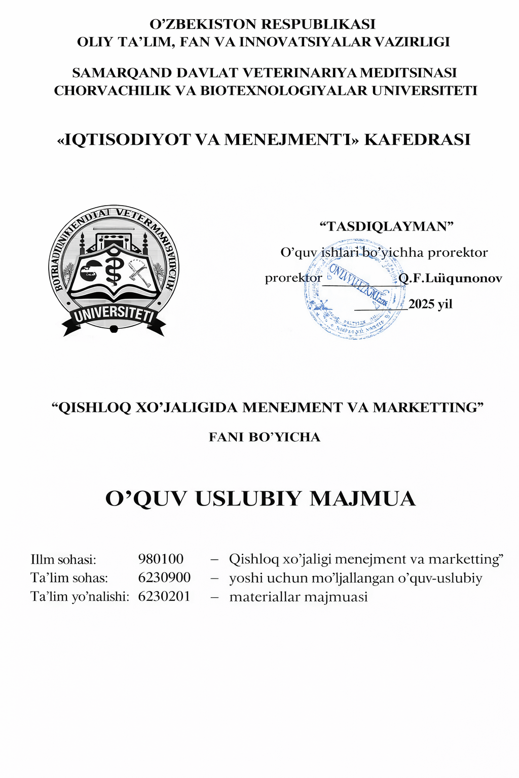 QISHLOQ XO’JALIGIDA MENEJMENT VA MARKETING