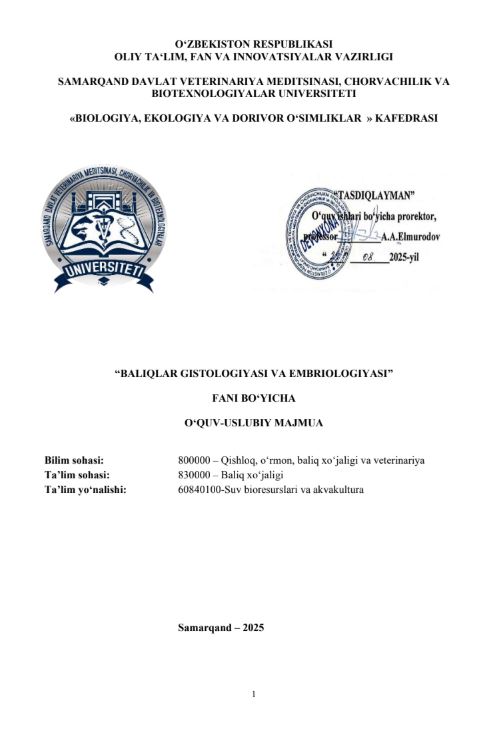 BALIQLAR GISTOLOGIYASI VA EMBRIOLOGIYASI