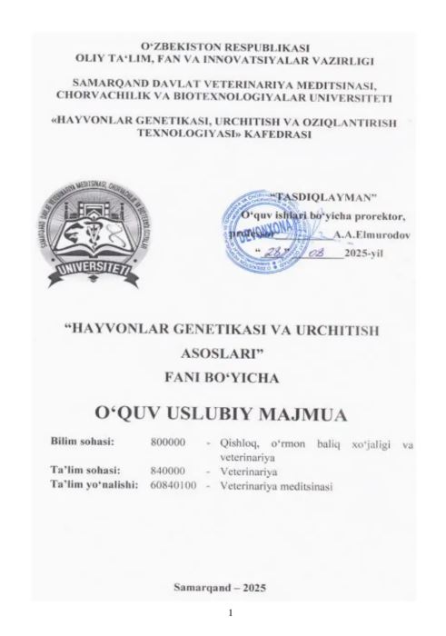 HAYVONLAR GENETIKASI VA URCHITISH ASOSLARI