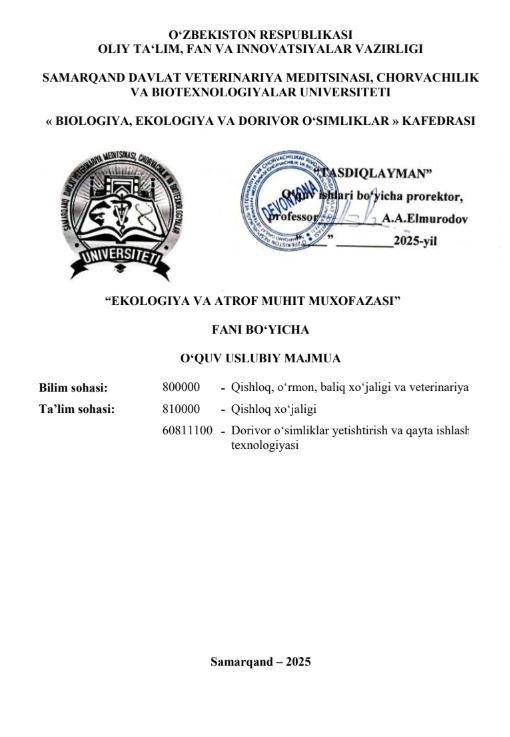 EKOLOGIYA VA ATROF MUHIT MUXOFAZASI
