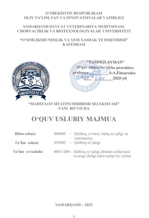 MAHSULOT SIFATINI OSHIRISH SELEKSIYASI
