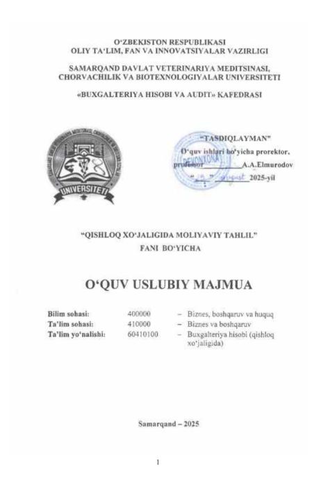 QISHLOQ XO'JALIGIDA MOLIYAVIY TAHLIL
