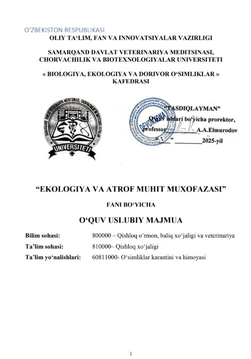 EKOLOGIYA VA ATROF MUHIT MUXOFAZASI