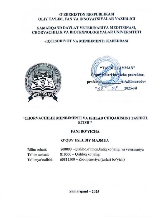 CHORVACHILIK MENEJMENTI VA ISHLAB CHIQARISHNI TASHKIL ETISH
