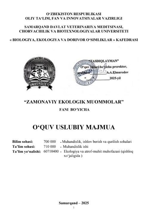 ZAMONAVIY EKOLOGIK MUOMMOLAR