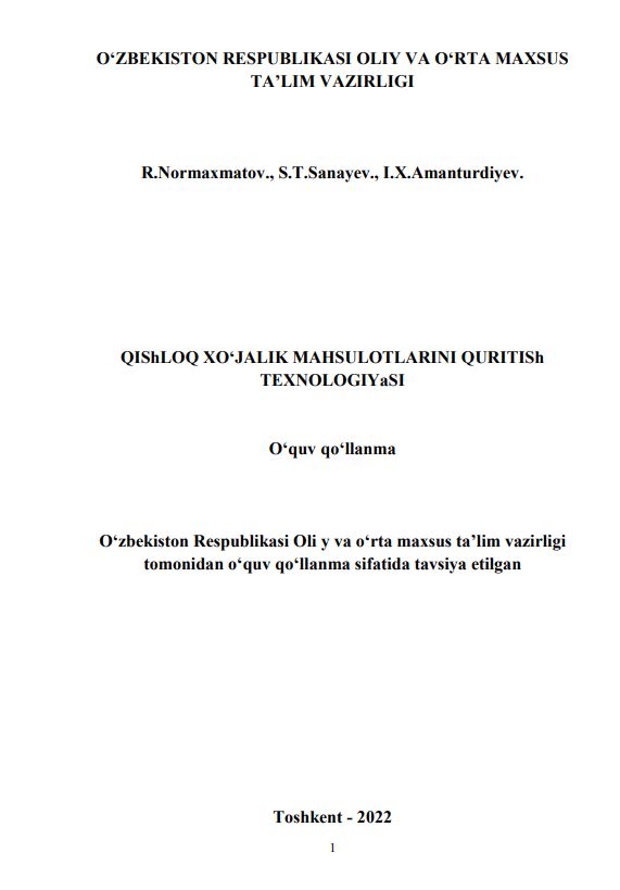 QIShLOQ XO‘JALIK MAHSULOTLARINI QURITISh TEXNOLOGIYaSI 
