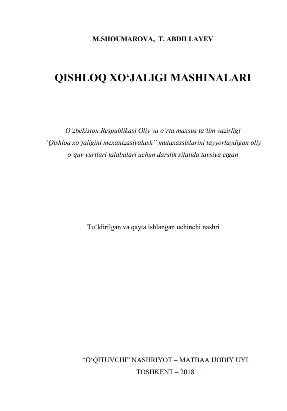 QISHLOQ XO‘JALIGI MASHINALARI