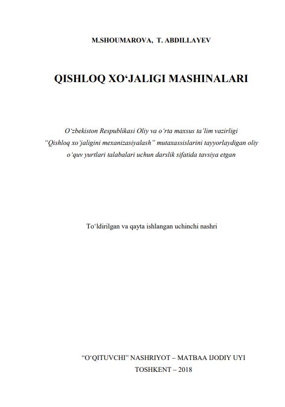QISHLOQ XO‘JALIGI MASHINALARI