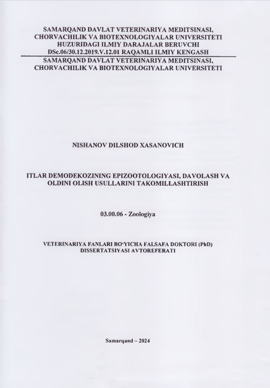 Itlar demodekozining epizootologiyasi, davolash va oldini olish usullarini takomillashtirish