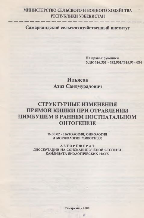 Структурные изменения прямой кишки при отравлении цимбушем в раннем постнатальном онтогенезе