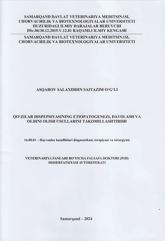Qo'zilar dispepsiyasining etiopatogenezi, da volash va oldini olish usullarini takomillashtirish