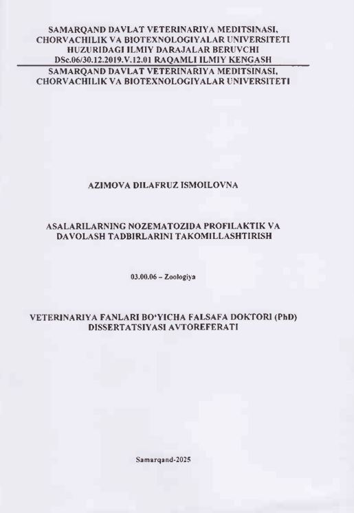 Asalarilarning nozematozida profilaktik va davolash tadbirlarini takomillashtirish