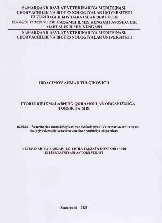 Ftorli birikmalarning qoramollar organizmiga toksik ta’siri