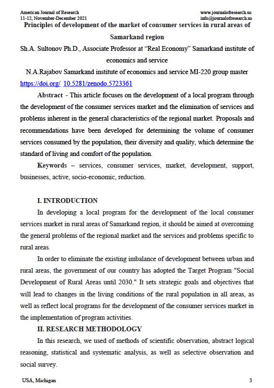Principles of development of the market of consumer services in rural areas of Samarkand region. Sh.A.Sultonov., N.A.Rajabov