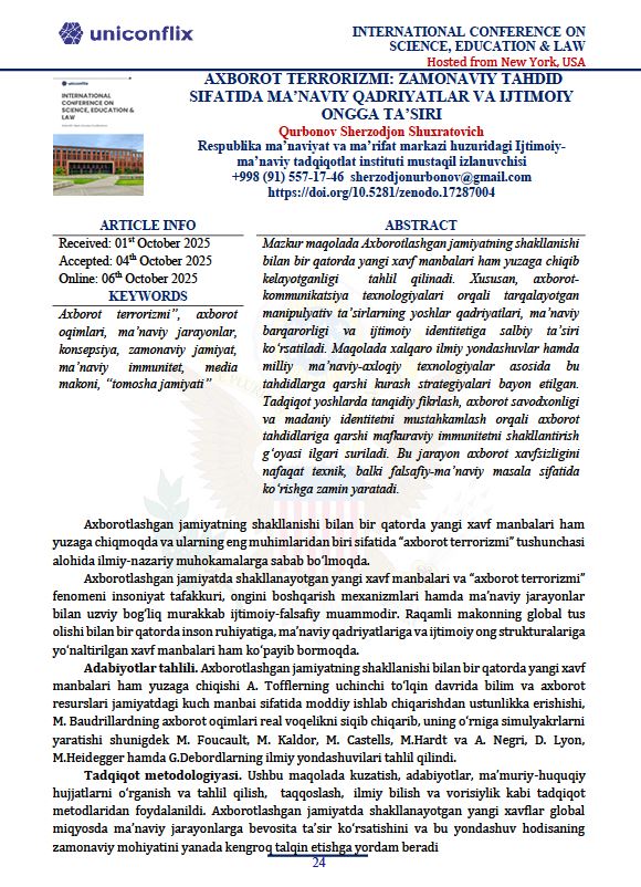 Axborot terrorizmi: Zamonaviy tahdid sifatida ma’naviy qadriyatlar va ijtimoiy ongga ta’siri. 06.10.2025/ Qurbonov Sh.Sh.