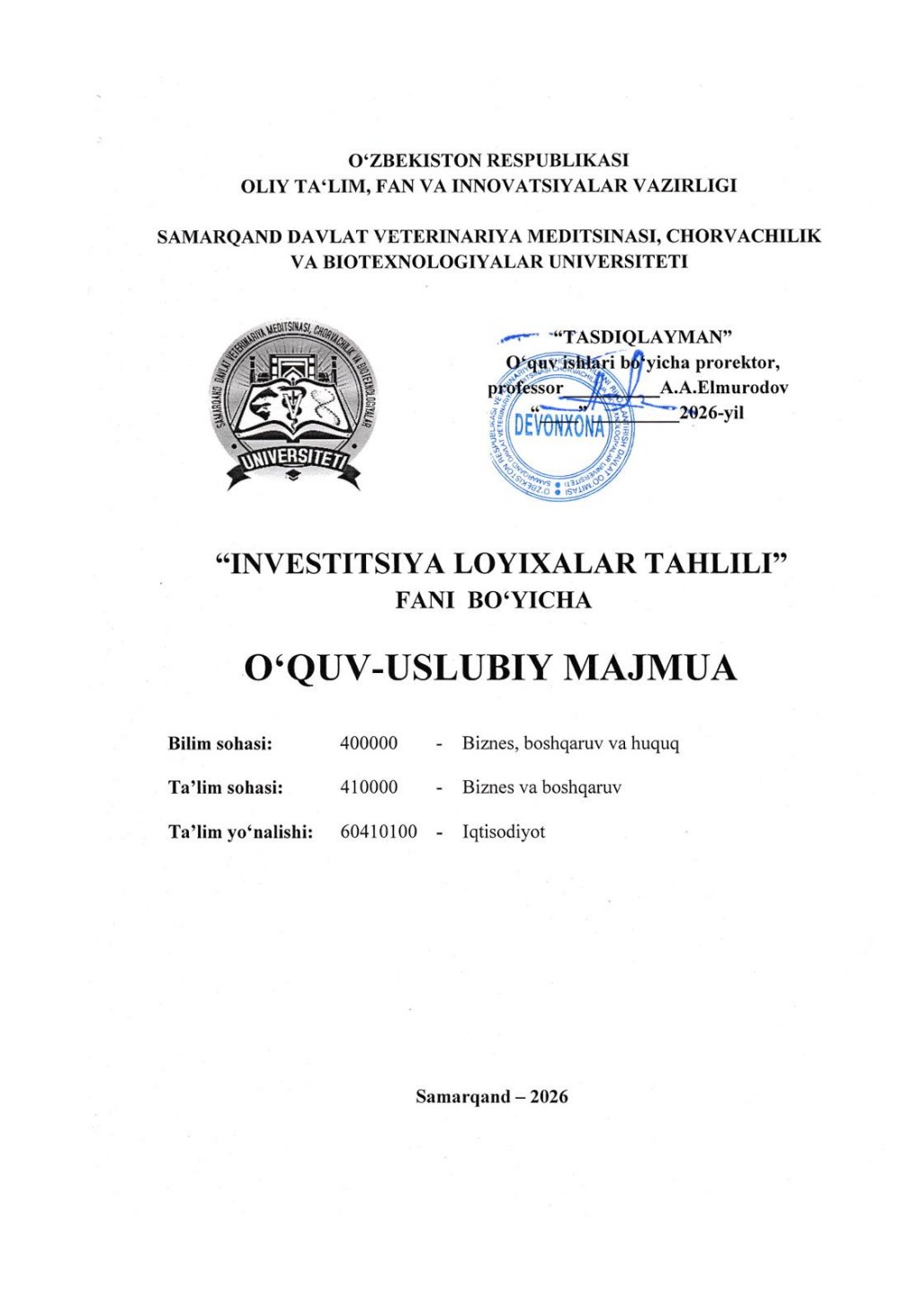 2026/27-“Investitsiya loyixalar tahlili” fani OʻUM 3-kurs_iqtisodiyot