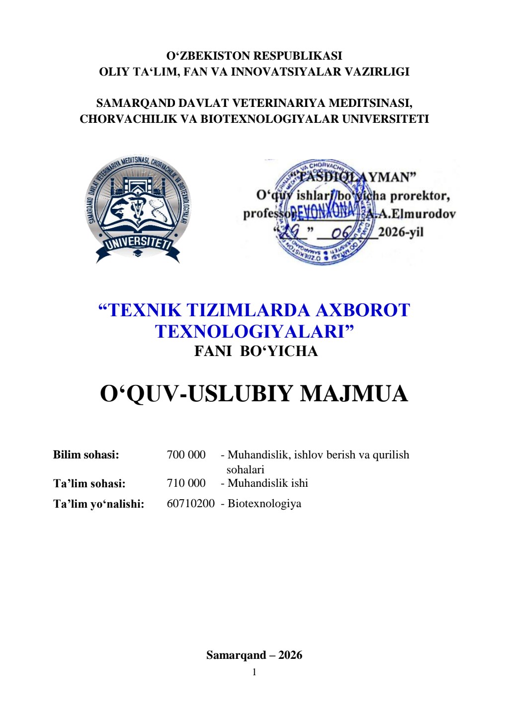 2026/27 “Texnik tizimlarda axborot texnologiyalari” fani bo‘yicha O’UM_biotexnologiya