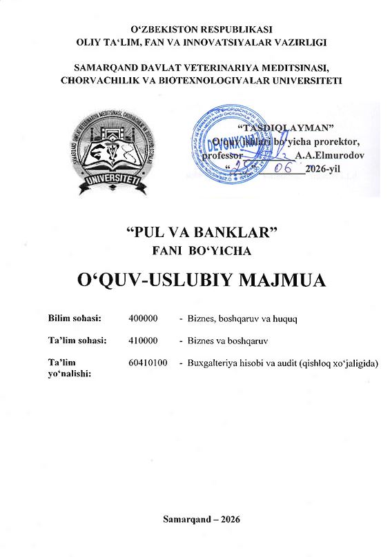 2026/27-“Pul va banklar” fani OʻUM 4-kurs_buxgalteriya hisobi vа audit_qishloq xo'jaligida