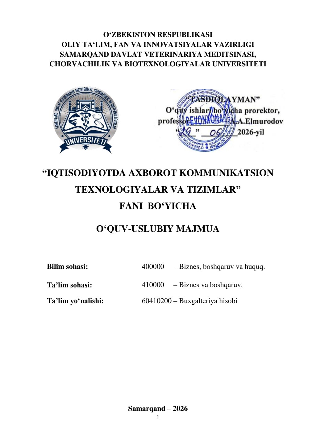 2026/27 “Iqtisodiyotda axborot kommunikatsion texnologiyalar va tizimlar” fani bo‘yicha O’UM