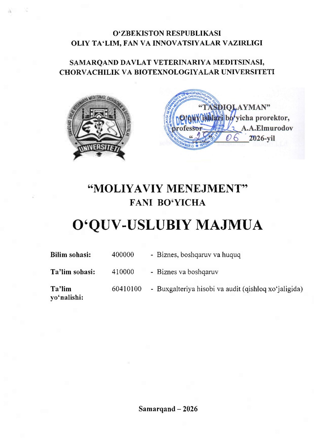 2026/27-“Moliyayiy menejment” fani OʻUM 4-kurs_buxgalteriya hisobi va audit_qishloq xo'jaligida