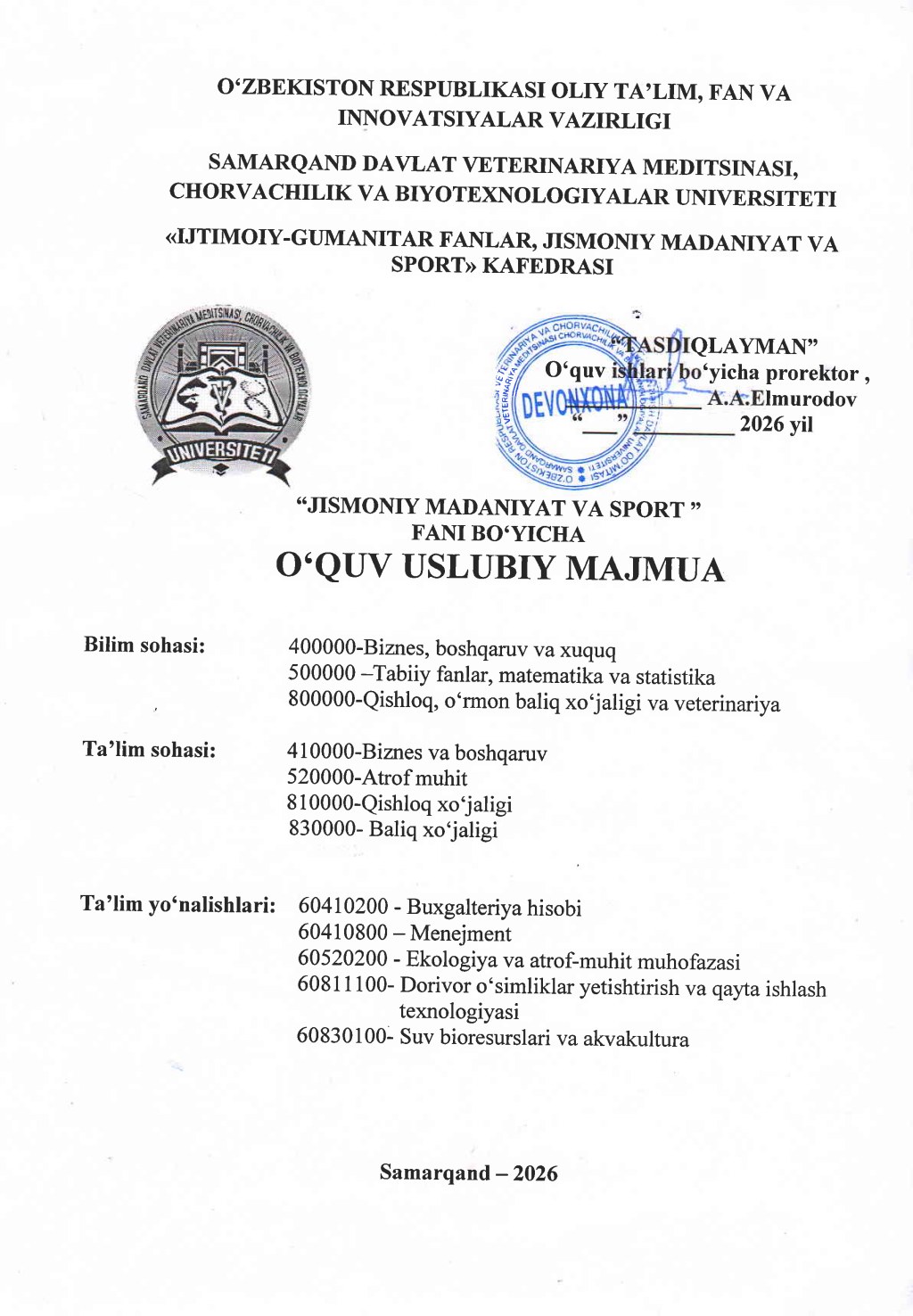 2026/27 “Jismoniy madaniyat va sport ” fani bo‘yicha O’UM_2s