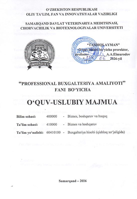 2026/27-“Professional buxgalteriya amaliyoti” fani OʻUM 3-kurs_Buxgalteriya hisobi (qishloq xo'jaligida)