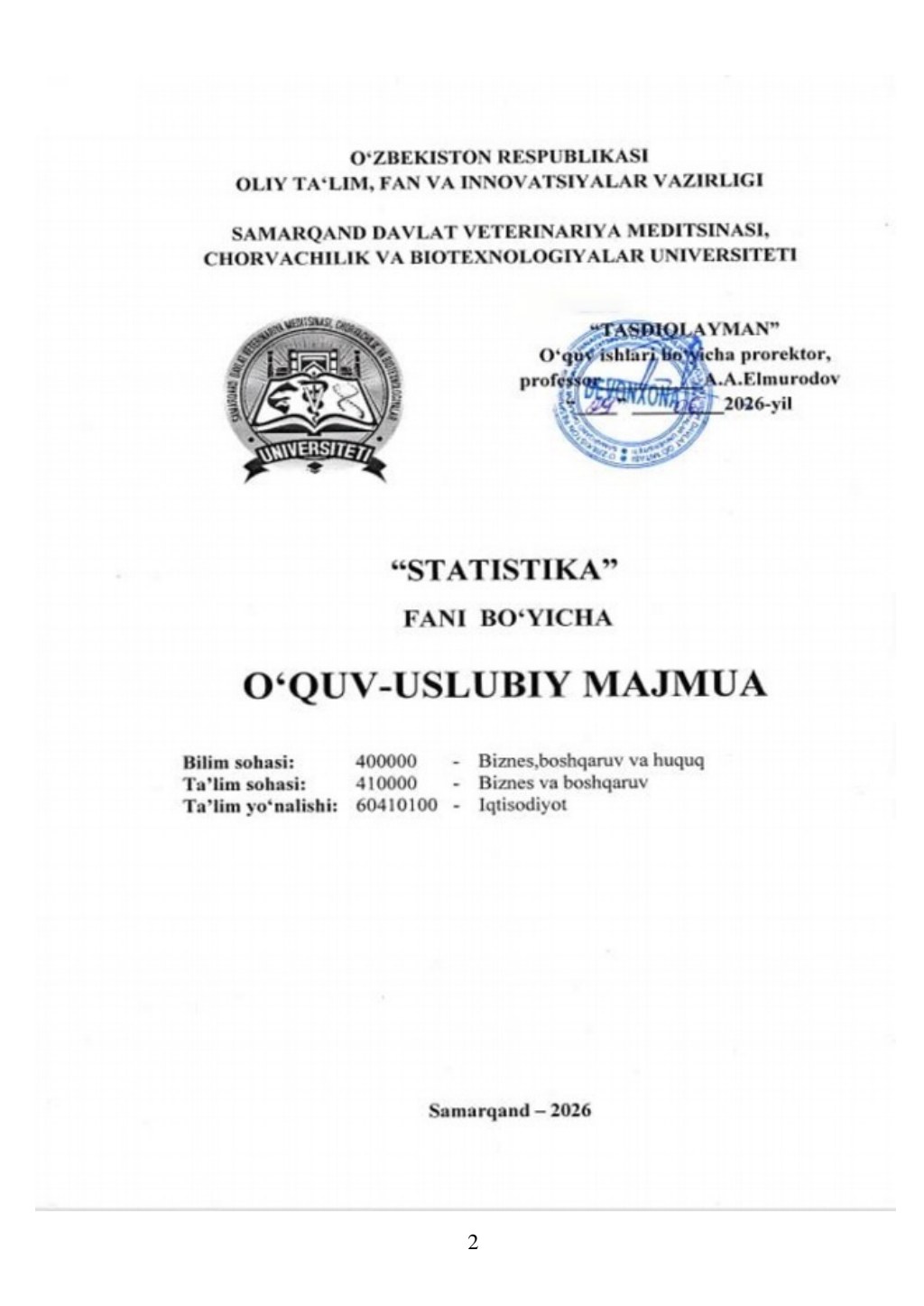 2026/27-“Statistika” fani OʻUM 2-kurs iqtisodiyot