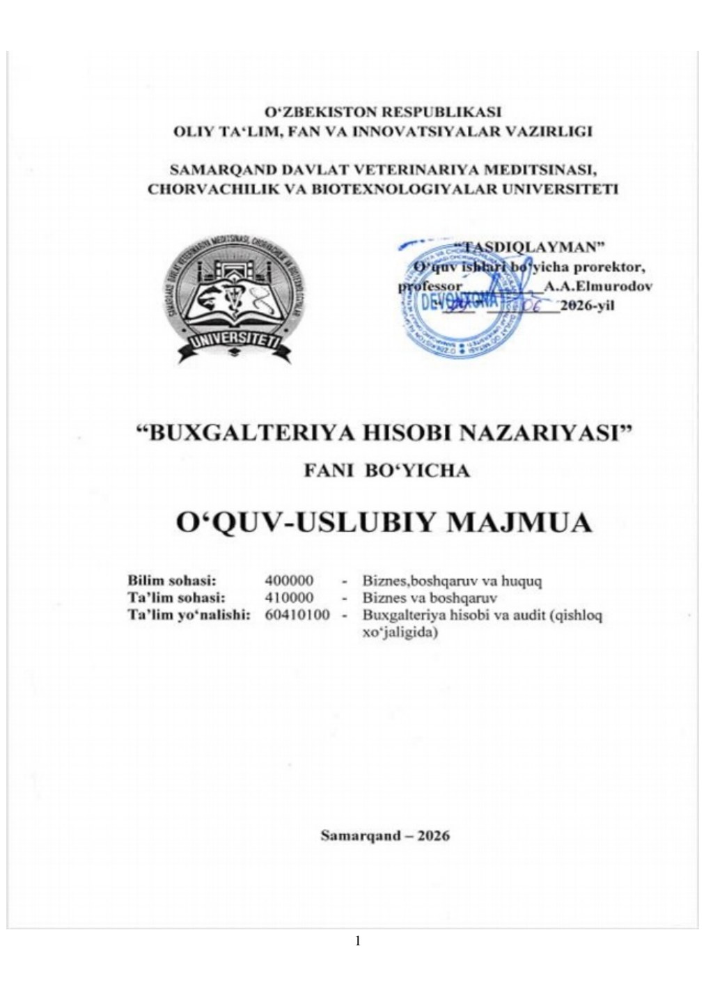 2026/27-“Buxgalteriya hisobi nazariyasi” fani OʻUM 4-kurs_ buxgalteriya hisobi va audit _qishloq xo'jaligida