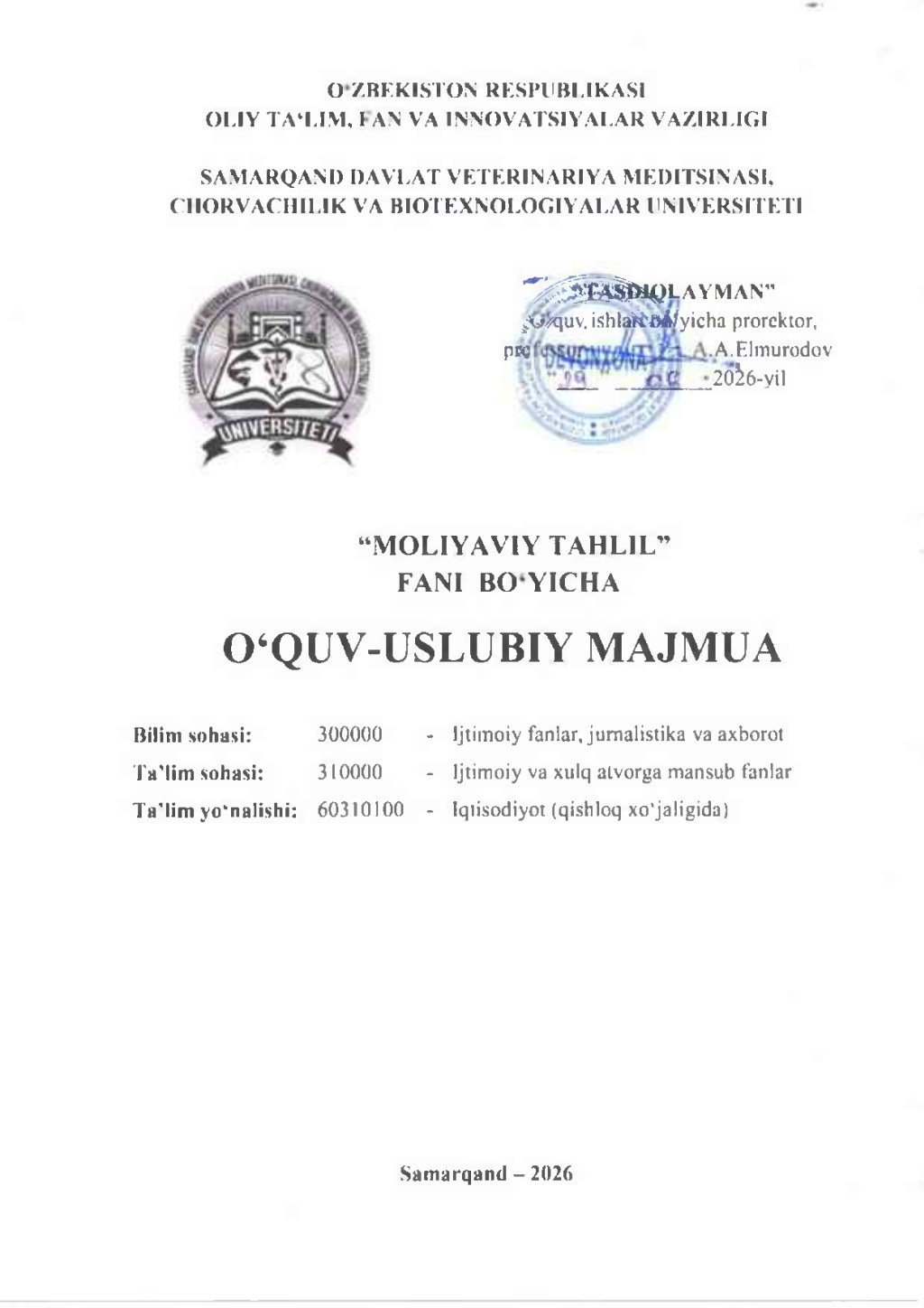 2026/27-“Moliyaviy tahlili” fani OʻUM 4-kurs_iqtisodiyot_qishloq xo'jaligida