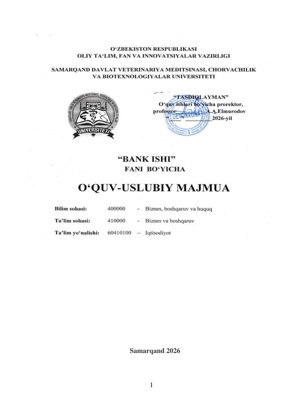 2026/27-“Bank ishi” fani OʻUM 2-kurs_iqtisodiyot