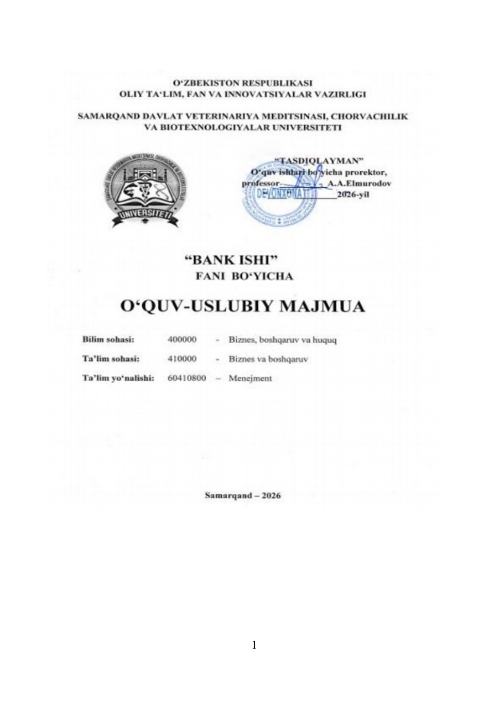 2026/27-“Bank ishi” fani OʻUM 2-kurs_menejment