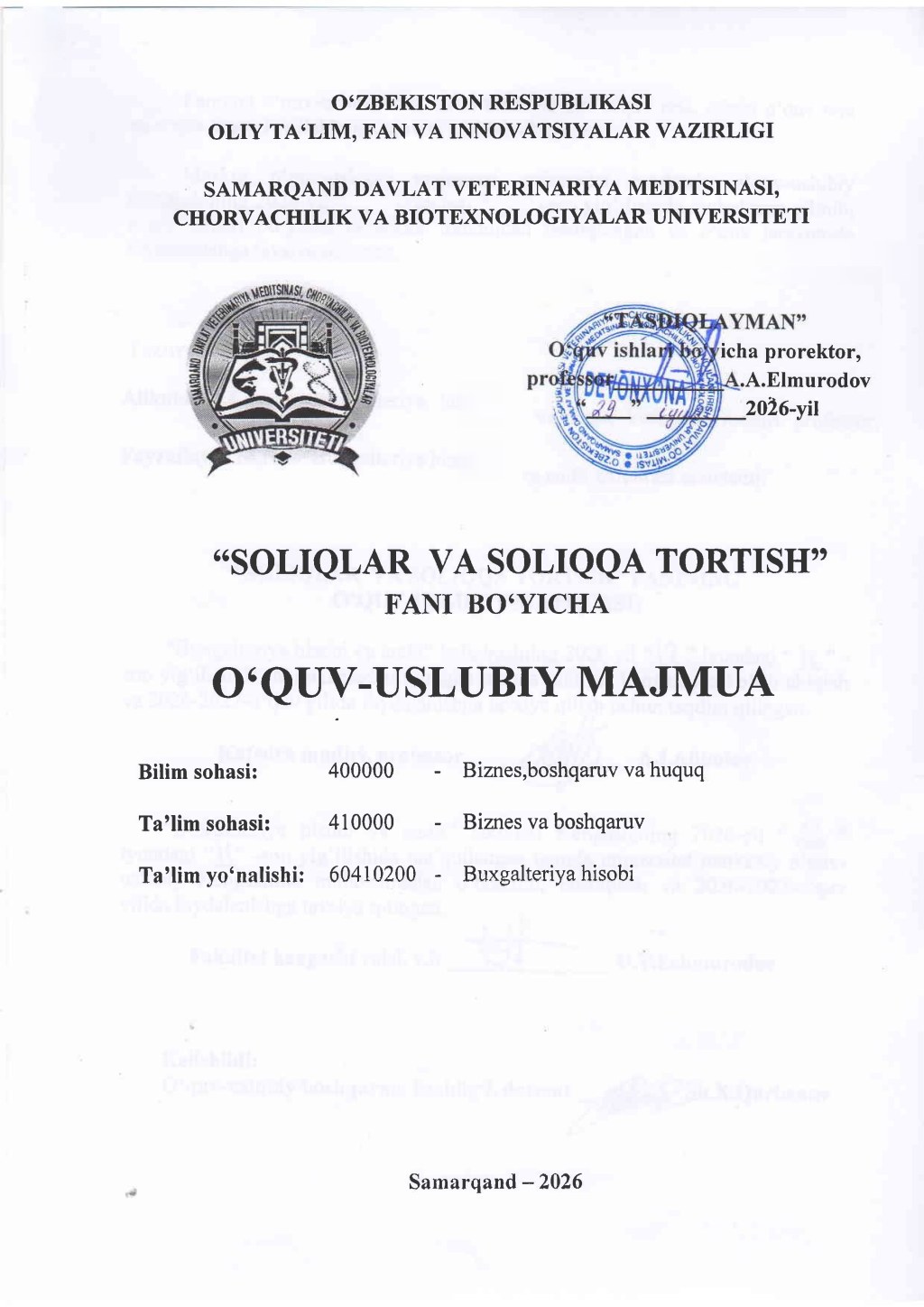 2026/27-“Soliqlar va soliqqa tortish” fani OʻUM 2-kurs buxgalteriya hisobi