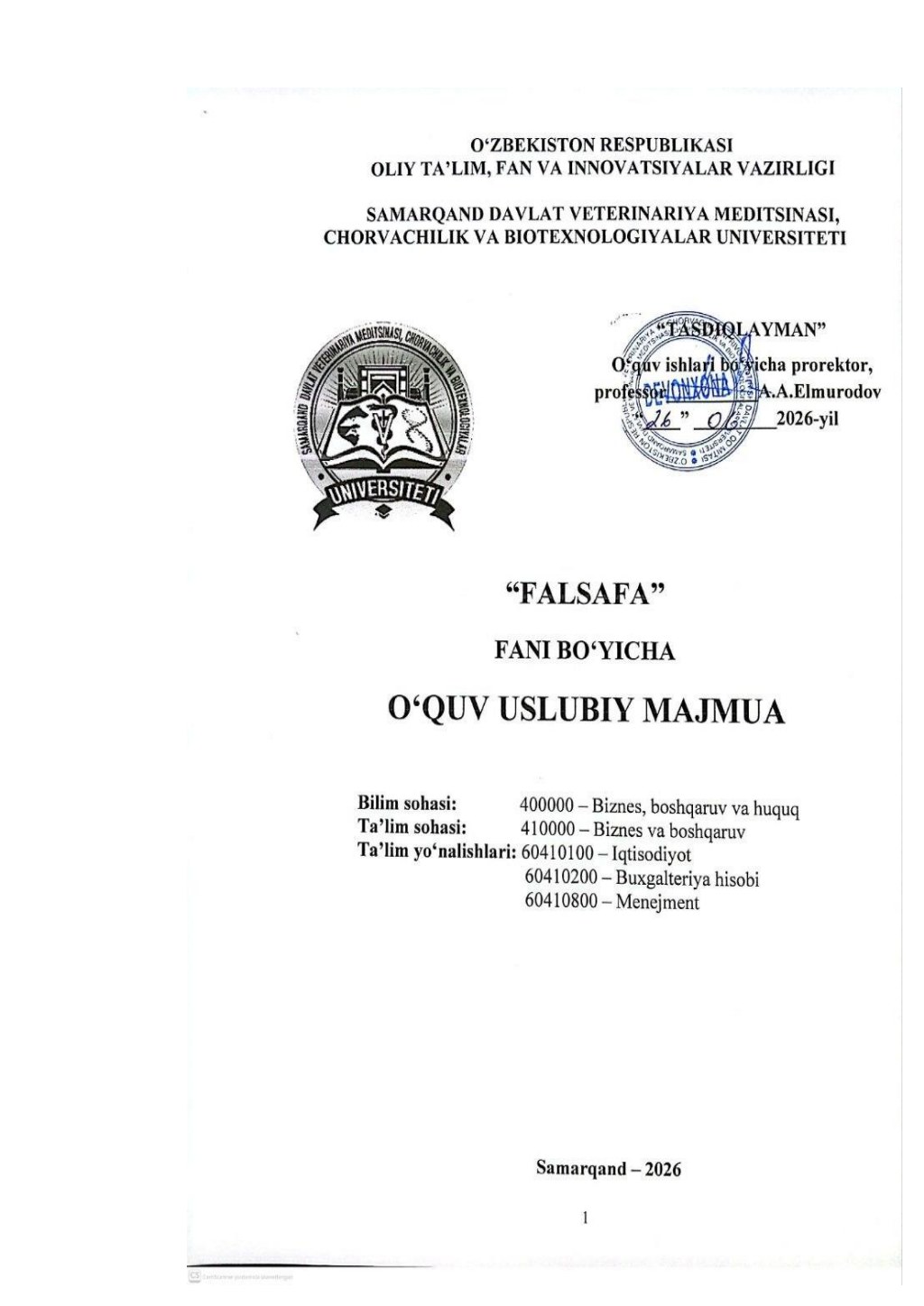 2026/27 “Falsafa” fani bo'yicha O’UM_iqtisod