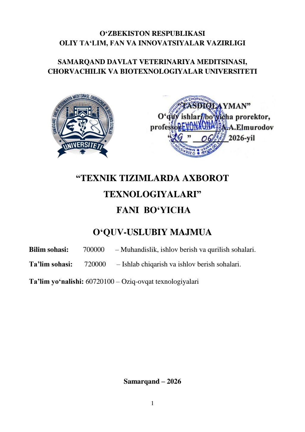 2026/27 “Texnik tizimlarda axborot texnologiyalari” fani bo‘yicha O’UM
