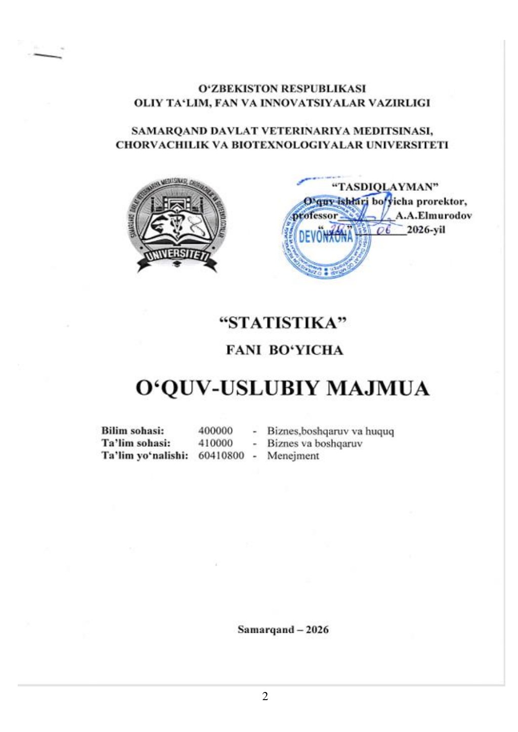 2026/27-“Statistika” fani OʻUM 2-kurs