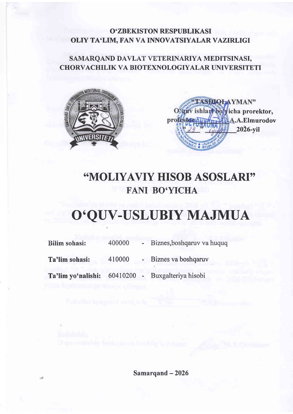 2026/27-“Moliyaviy hisob asoslari” fani OʻUM 2-kurs buxgalteriya hisobi