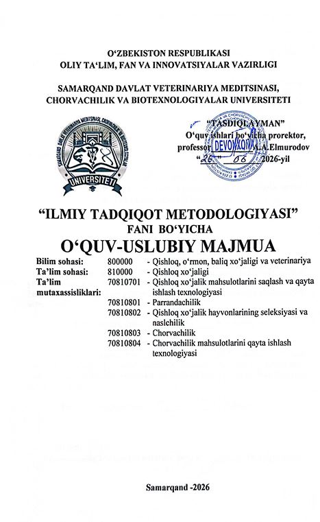 2026/27 “Ilmiy tadqiqot metodologiyasi” fani bo‘yicha O‘UM